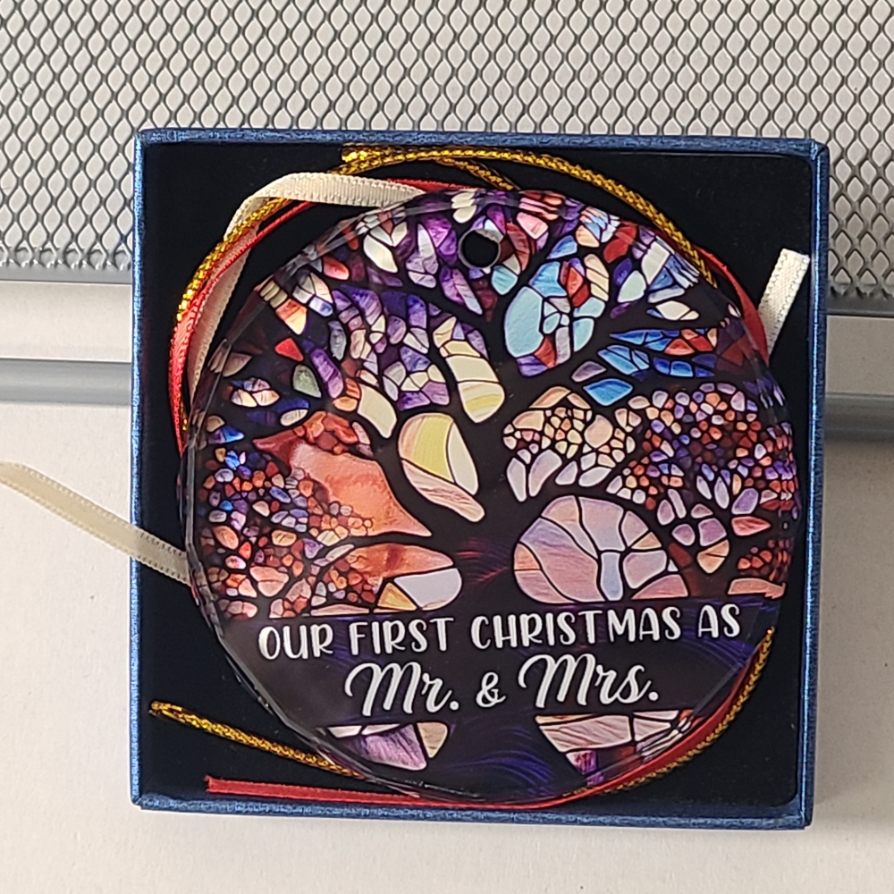 Stained Glass Tree Ornament - Our First Christmas As Mr. & Mrs. NIB Ceramic